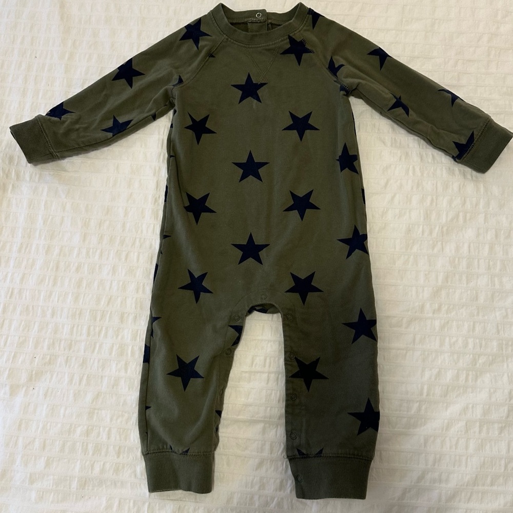 Primary sweatshirt romper in olive with navy stars